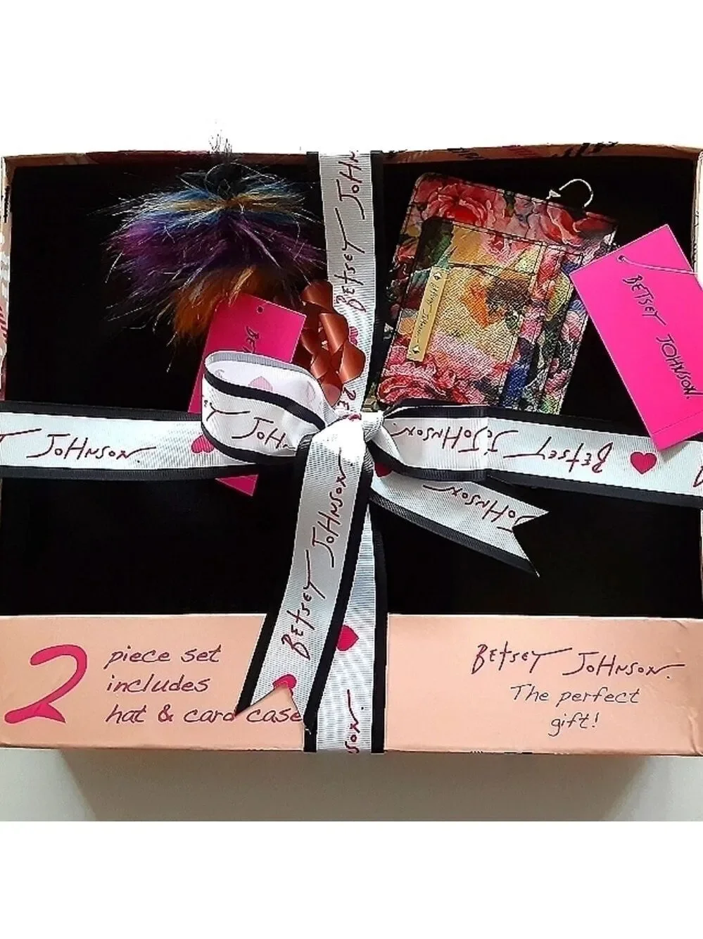 𝅺Betsey Johnson Black Hat Floral Card Case Gift Set New In Box